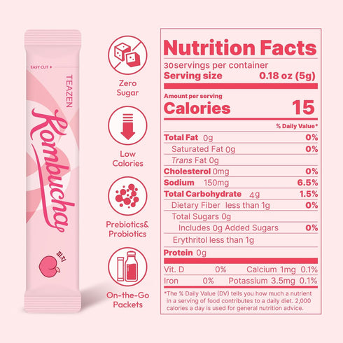 30 5.29oz TEAZEN Peach Kombucha Tea, Hydration Drink Mix, Sugar Free, Live Probiotics & Prebiotics, Sticks