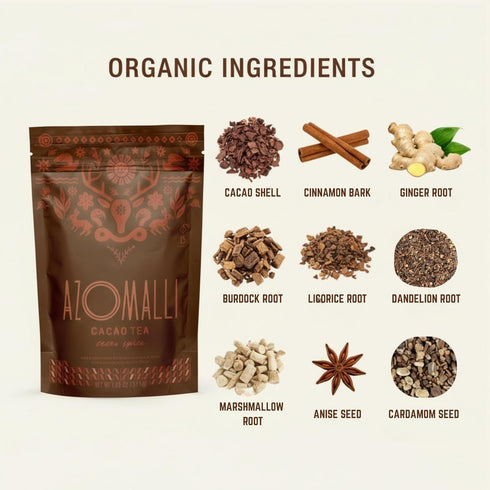 Azomalli 15 Cacao Spice, Organic Cacao Shell Tea, Subtle Cacao Notes with Aromatic Herbs and Spices Creating a Balance