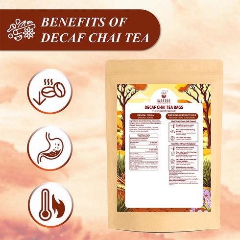 50 Count, CO2 6 WT WEETEE Decaf Chai Tea Bags Blend Decaffeinated Black Tea with Spices Chai, Rich & Cinnamon Aroma