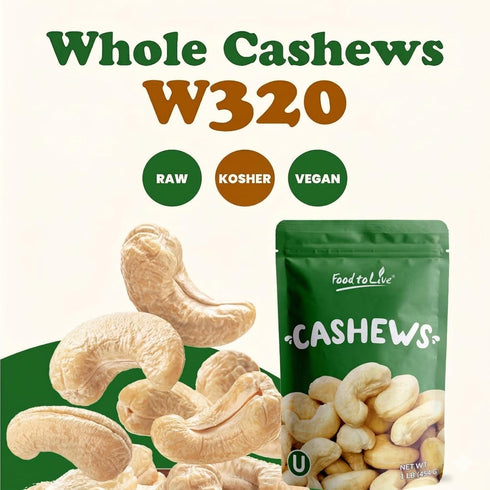 2 W-320, Food to Live Raw Cashews, Pounds - Deluxe Whole Nuts, Unsalted, Unroasted, Size Vegan, Kosher, Bulk