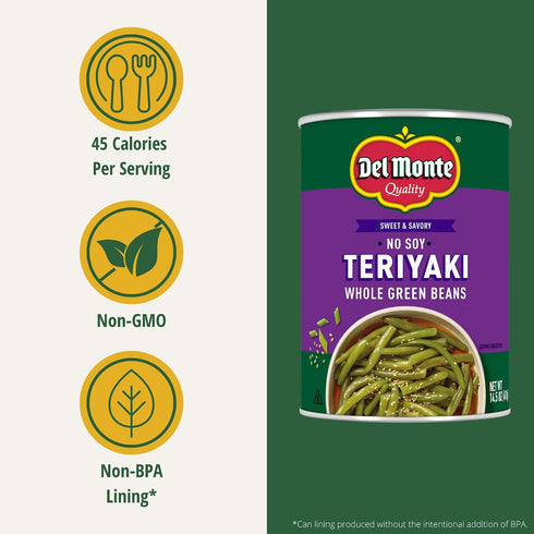 14.5 oz. Pack 12 Del Monte No Soy Teriyaki Whole Green Beans, Cans