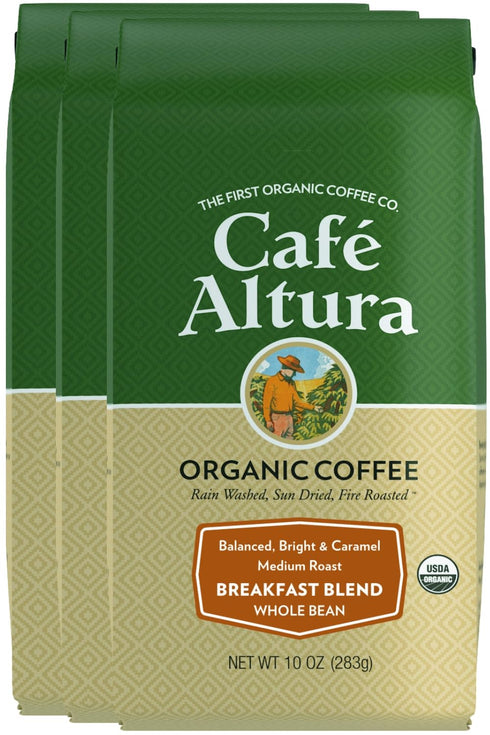Caf Altura, Breakfast Blend, Medium Roast, Organic, Whole Bean Coffee, 10 oz