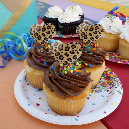 Set of 6 Leopard Print Animal Spots Heart Love Cupcake Picks Toppers Decoration