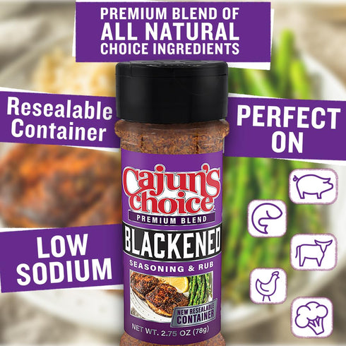 Cajun's Choice Blackened Seasoning, 2.75 oz Jar, All Natural, Low Salt, Gluten-Free