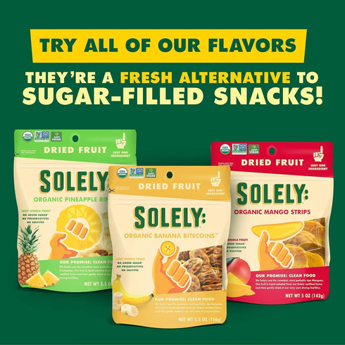 SOLELY Organic Dried Mango Strips - 2.8 oz Resealable Bags, Pack of 4, Healthy Snacks
