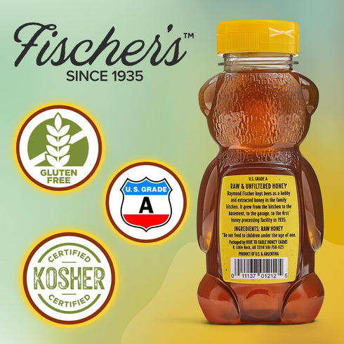 12 Oz 100% Fischer's Clover Honey, Pure, Raw & Unfiltered Honey Squeezable Bear Bottle Gluten-Free, Non-GMO All-Natural