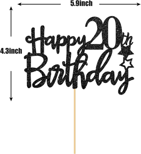 Black Glitter Happy 20th Birthday Cake Topper, Cheers to 20 Years Party Decorations