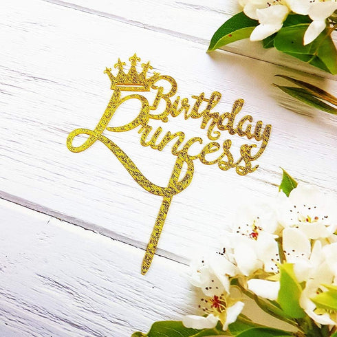Happy Birthday Princess Cake Topper, Gold Glitter Acrylic for Princess Birthday Cake Party Decorations