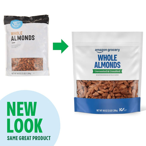48 Oz Packaging Amazon Grocery, Whole Almonds, Unroasted & Unsalted, (Previously Happy Belly, May Vary)