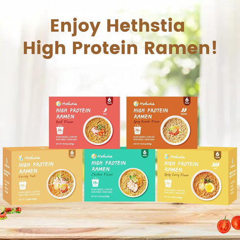 (26g) 6 Count Pack Hethstia High Protein Ramen Cup Noodles, Plant-Based Vegan Noodle Variety - Chicken, Spicy Beef