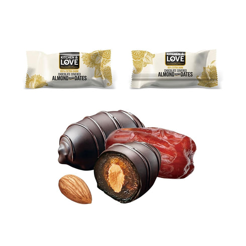 8 85% 3.5 oz (Pack 4) Kitchen & Love Chocolate Covered Almond Stuffed Dates in a Convenient Resealable Pouch