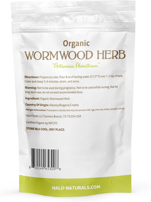 Halo Naturals 4 Packaged (Pack 1) Organic Wormwood Herb Cut & Sifted, Ounces (Artemisia Absinthium) USDA Certified