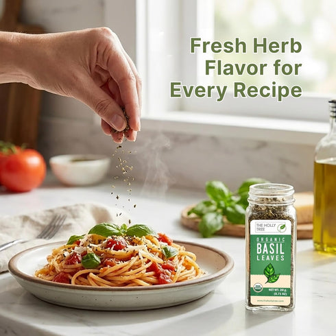 THE HOLLY TREE 0.7 oz Organic Basil Leaves - Dried Basil Seasoning with Fresh Flavor - USDA Organic, Kosher, Gluten