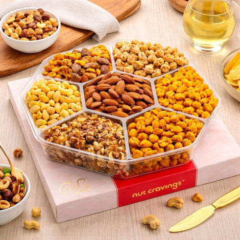 (7 1 LB) Package, NUT CRAVINGS - Mothers Day Treats, Mixed Nuts Gift Basket in Red Gold Classic Box Assortments, Treats
