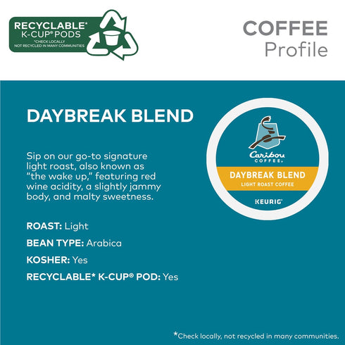 Coffee(Pack 6, 60 Count Caribou Coffee Daybreak Blend Keurig Single-Serve K-Cup Pod, Light Roast of Total)