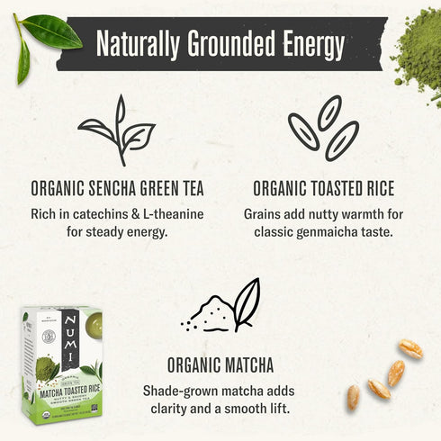 100 Numi Organic Matcha Toasted Rice Tea, Matcha Tea Bags, Flavorful Green Tea
