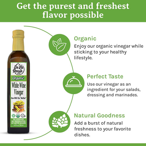 16.9 Oz (Pack 1) De La Rosa White Wine Vinegar, Raw & Unfiltered, with the Mother, Kosher for Passover, Vegan, Non-GMO