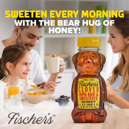 12 Oz 100% Fischer's Clover Honey, Pure, Raw & Unfiltered Honey Squeezable Bear Bottle Gluten-Free, Non-GMO All-Natural