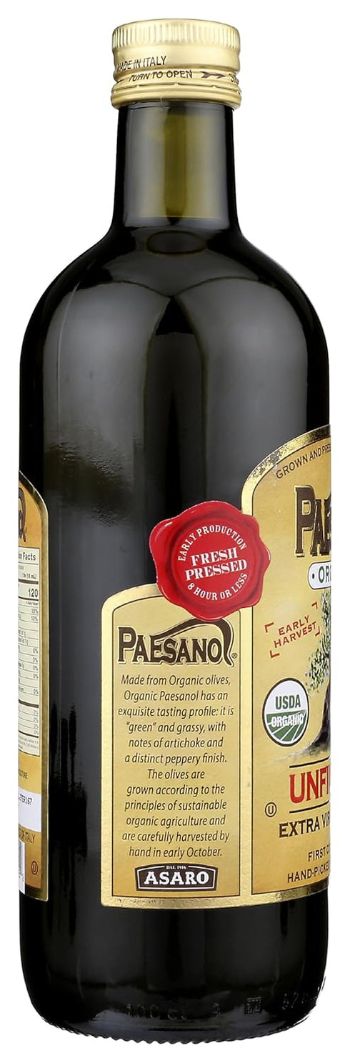 33.8 Oz Paesanol ORGANIC UNFILTERED Extra Virgin Olive Oil Fl Glass