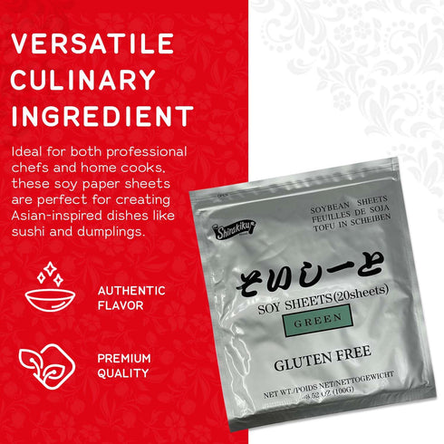 20 (3.52 Oz) Shirakiku Green Sushi Soy Wrapper- Authentic Japanese Gluten-Free Wraps for Tofu, sushi | Soy Proteins