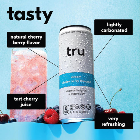 12 oz (12-Pack) Tru Dream Sparkling Water Cherry Berry Functional Seltzer with Magnesium, Chamomile & GABA - Sleep