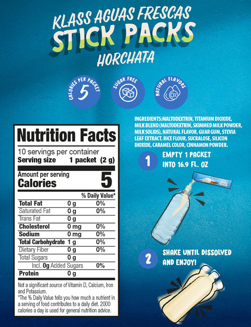 40 Packets, 5 Packet Klass Aguas Frescas, Powdered Drink Mix, Singles Zero Sugar & Caffeine-Free Powder Water Drink
