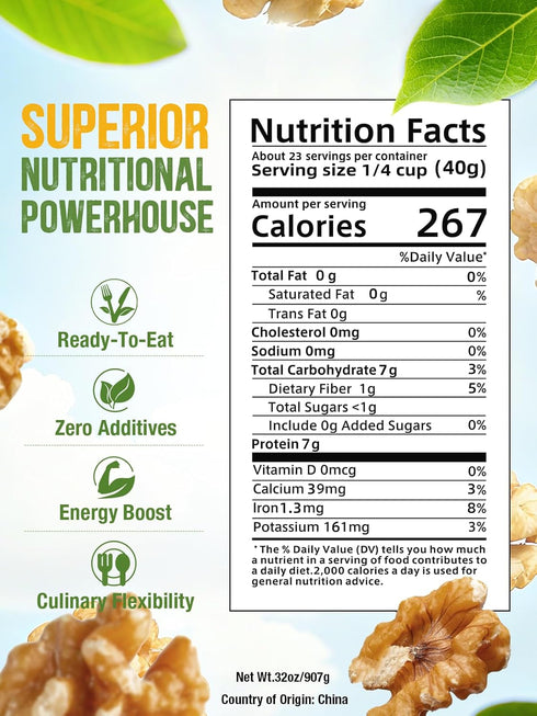 2LB 90% NatureBliss Raw Walnut Halves & Pieces, Premium Skin-On Walnuts, Whole Halves & Vacuum-Sealed for Freshness