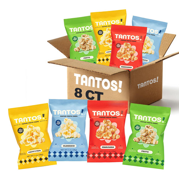 Tantos Puffed Pasta Chips Variety Pack Pesto, Marinara, Cacio e Pepe, Classico