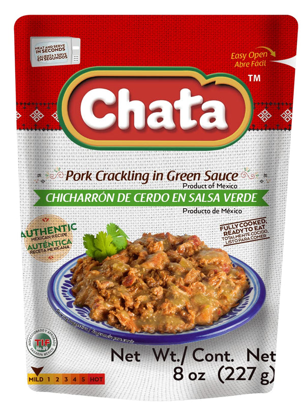 Chata Pork Crackling Salsa Verde Pouch, Tasty Pork in Flavorful Green Sauce, Ready-to-Eat, 8 Ounce