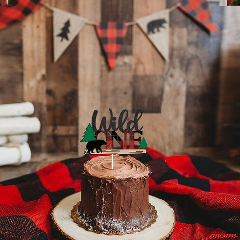 Lumberjack Wild One Cake Topper, Buffalo Plaid Camping Wild Bear 1st Birthday Cake Decor, Baby Birthday Party