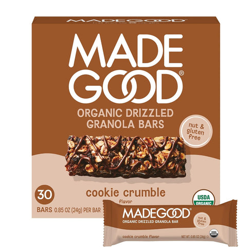 MadeGood Chocolate Drizzled Granola Bars, Cookie Crumble (30 Count) Bulk Gluten Free