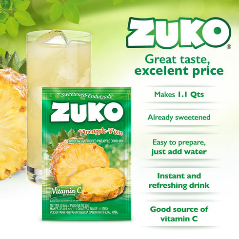 48 Packets Zuko Pineapple Powdered Drink Mix, No Added Sugar Needed, Ct Individual