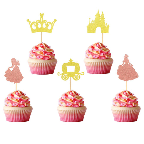 Pack of 40 Pre-Assembled Princess Cupcake Toppers - Crown Castle Girl Cupcake Toppers for Princess Theme Party