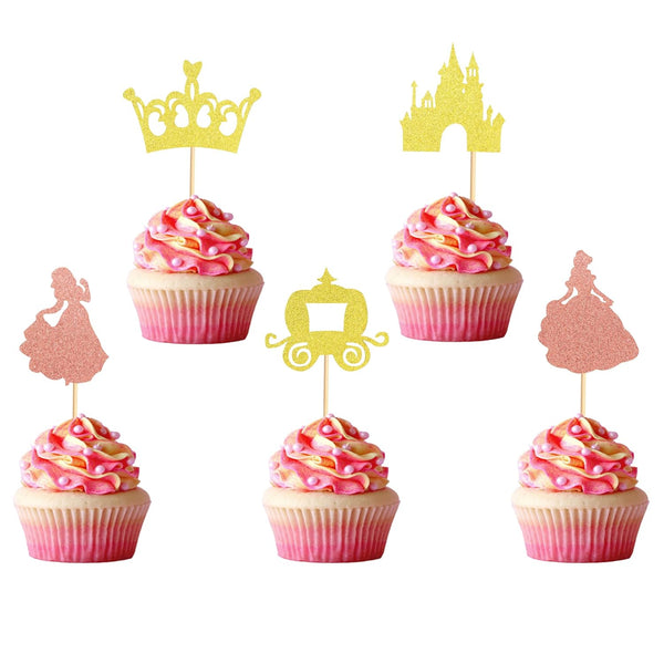Pack of 40 Pre-Assembled Princess Cupcake Toppers - Crown Castle Girl Cupcake Toppers for Princess Theme Party