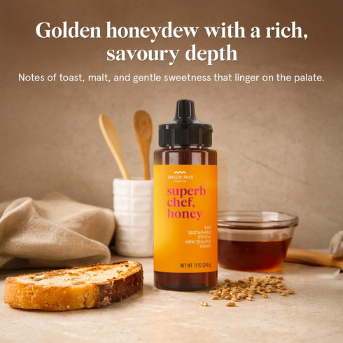 12oz (340g) Taylor Pass Honey Co Superb Chef, Honey Raw New Zealand Honey Squeezy | Gourmet-Grade Sweetness | Ethical