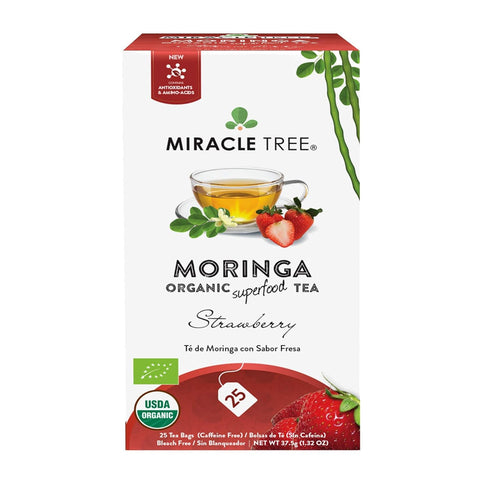 Miracle Tree Organic Moringa Superfood Tea, 25 Sealed Bags, Strawberry
