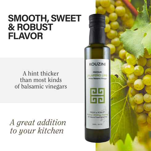 250ml Kouzini Ultra Premium White Jalapeno Lime Balsamic Vinegar - Sweet & Thick Italian Dressing for Salad, Organic