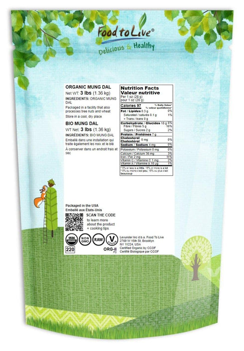 3 Food to Live Organic Yellow Mung Dal, Pounds Non-GMO, Peeled Split Mung Beans (Moong Dal). Ayurvedic Food. Easy