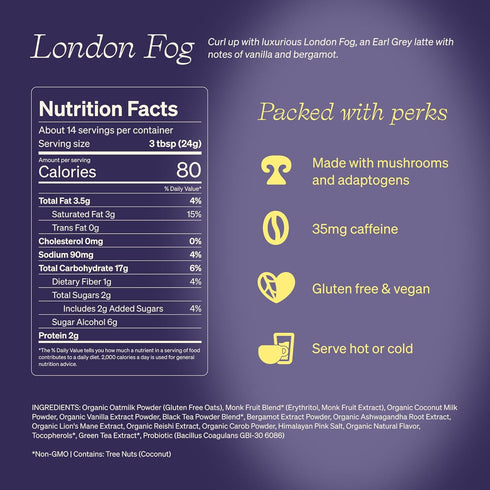 12 oz Clevr London Fog Latte, Vegan, Earl Grey Instant Tea Mix, Superfood Powder Blend with Black Tea, Reishi Mushroom