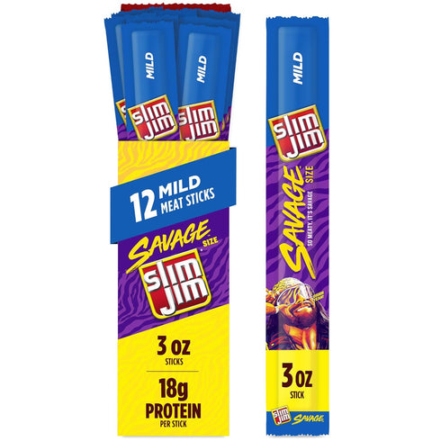 Slim Jim Savage Smoked Meat Sticks, Mild Flavor, 6g Protein Per Serving,