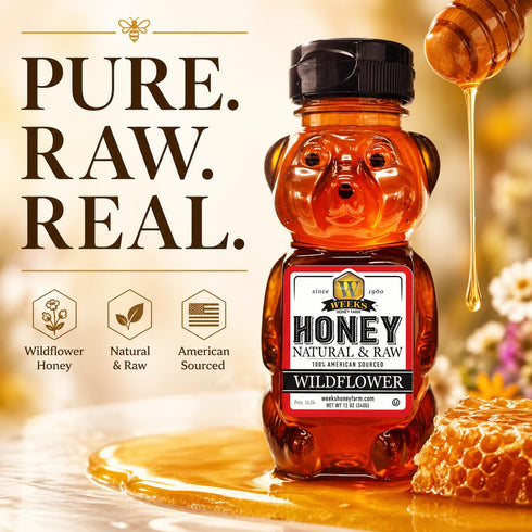 (12 oz) Weeks Honey Farm Wildflower Honey - Pure, Raw, Unfiltered, Gluten Free, Kosher, and Rich in Nutrients