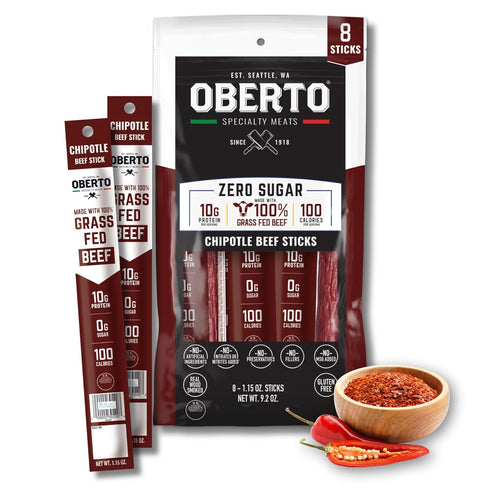 Oberto Grass Fed Beef Sticks - Chipotle, Zero Sugar, No Artificial Ingredients,