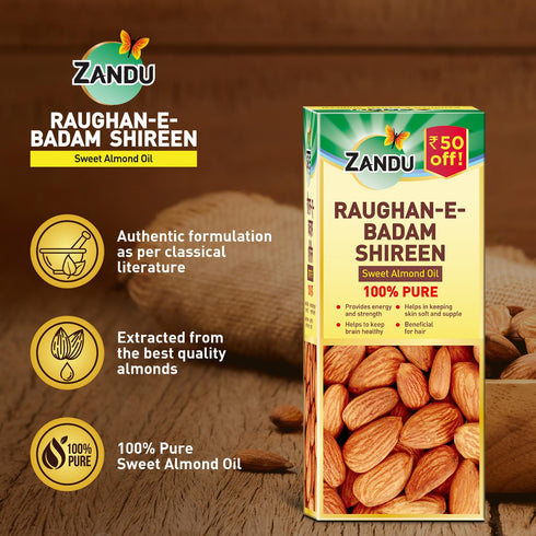 Zandu 3.38 Oz 100 ML Roghan Badam Shirin | Pure Sweet Almond Oil for Skin & Hair | Cold-Pressed, Non-Greasy