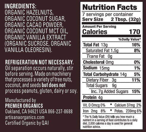 8 oz Artisana Organics Hazelnut Cacao Spread, | No Palm Oil, Sweetened with Coconut Sugar