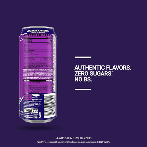 12-Pack, 16oz 200mg GHOST Energy Drink - Welch's Grape, Cans - Energy & Focus & No Artificial Colors - of Natural