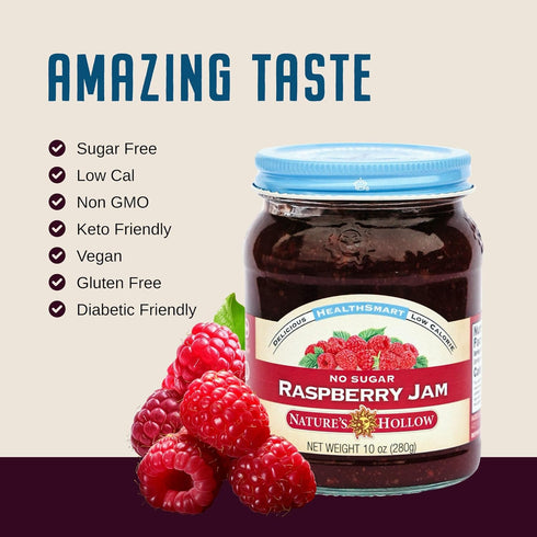 10oz Pack 6 Nature's Hollow Raspberry Jam: Sugar Free Jam and Preserves, Low Cal, Non GMO, Keto Jam, Vegan, Gluten