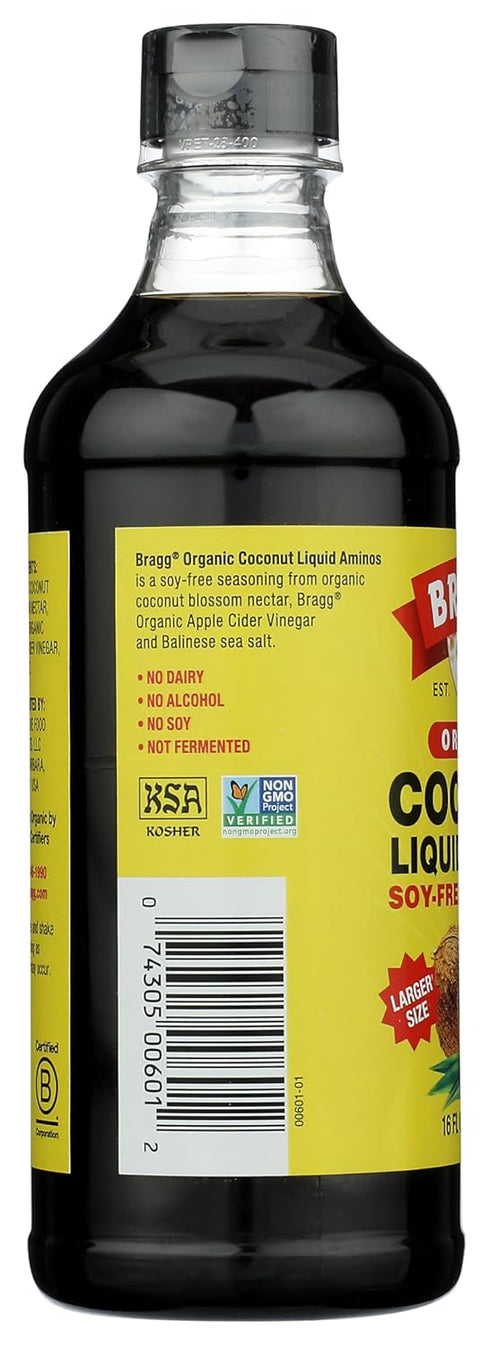 16oz, Packed Bragg Organic Coconut Aminos Soy-Free Alternative, Gluten-Free, Dark & Rich Flavor for Cooking Vegan, No