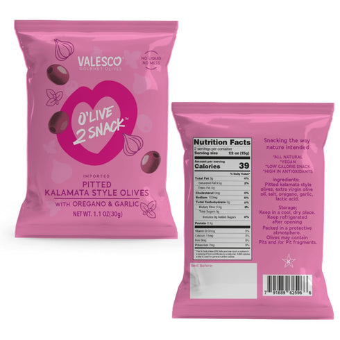 2 Pack, 6 1 oz (12 Valesco, O'Live Snack Pitted Olives Variety Flavors, Pouches)