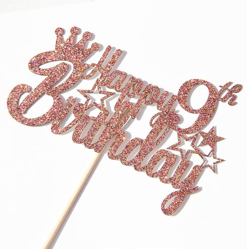 Rose Gold Glitter Happy 9th Birthday Cake Topper - Kids 9th Birthday Anniversary Party Decoration Supplies