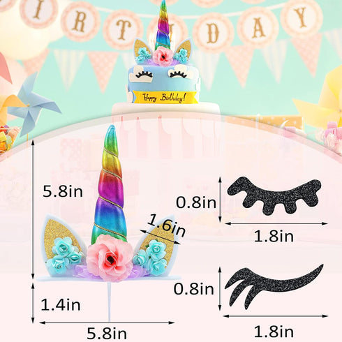Unicorn Cake Topper, Handmade Rainbow Horn Happy Birthday Party Decoration Supplies, Reusable Cake Toppers with